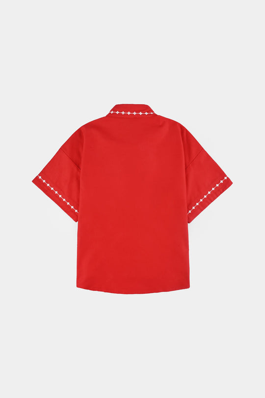 Girls Cotton Twill Emb Top Red Love-RED