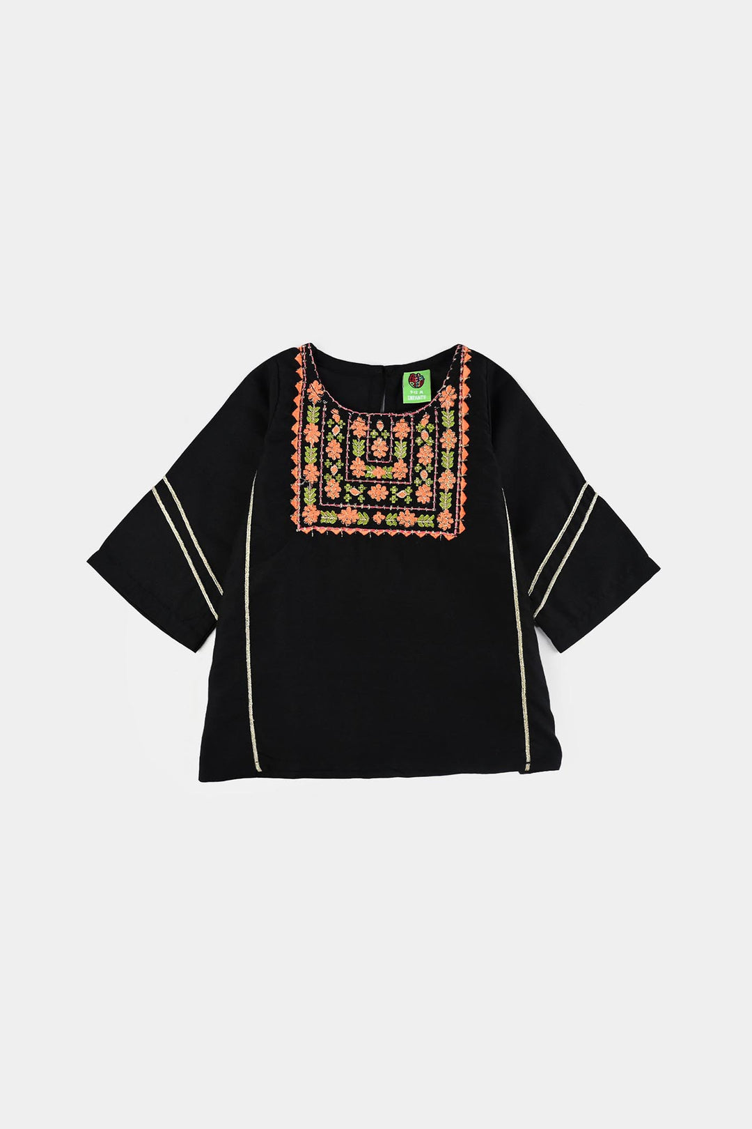 Infant Girls Poly Mesh Embroidered Kurti - Black