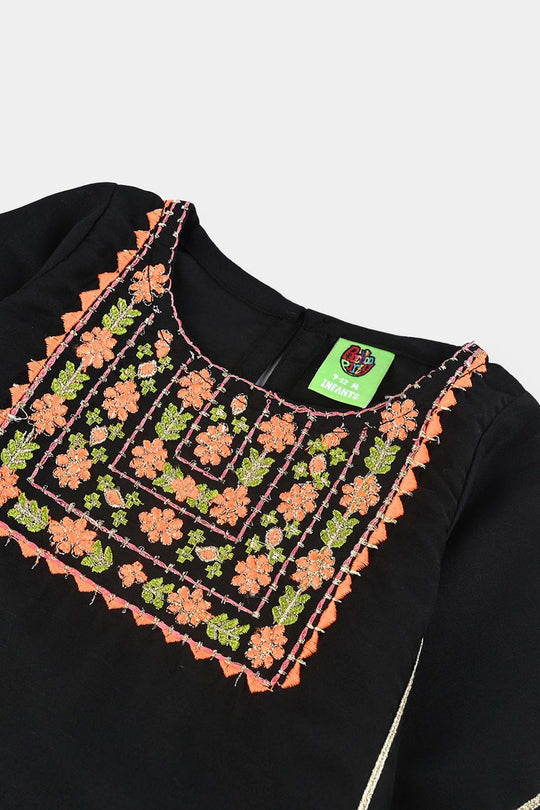 Infant Girls Poly Mesh Embroidered Kurti - Black