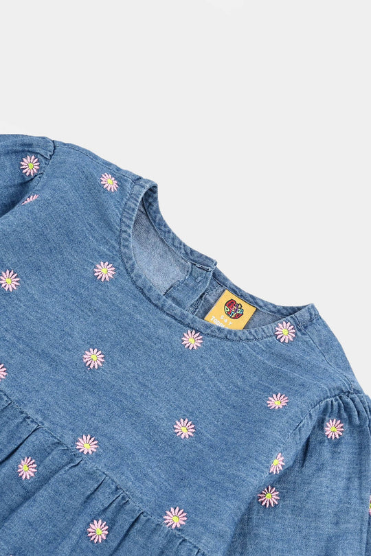 Girls Tensile Denim (Light Denim) Emb Top Flowers Garden - Mid Blue