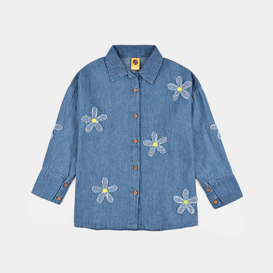 Girls Tensile Denim (Light Denim) Emb Top Flowers-Mid Blue