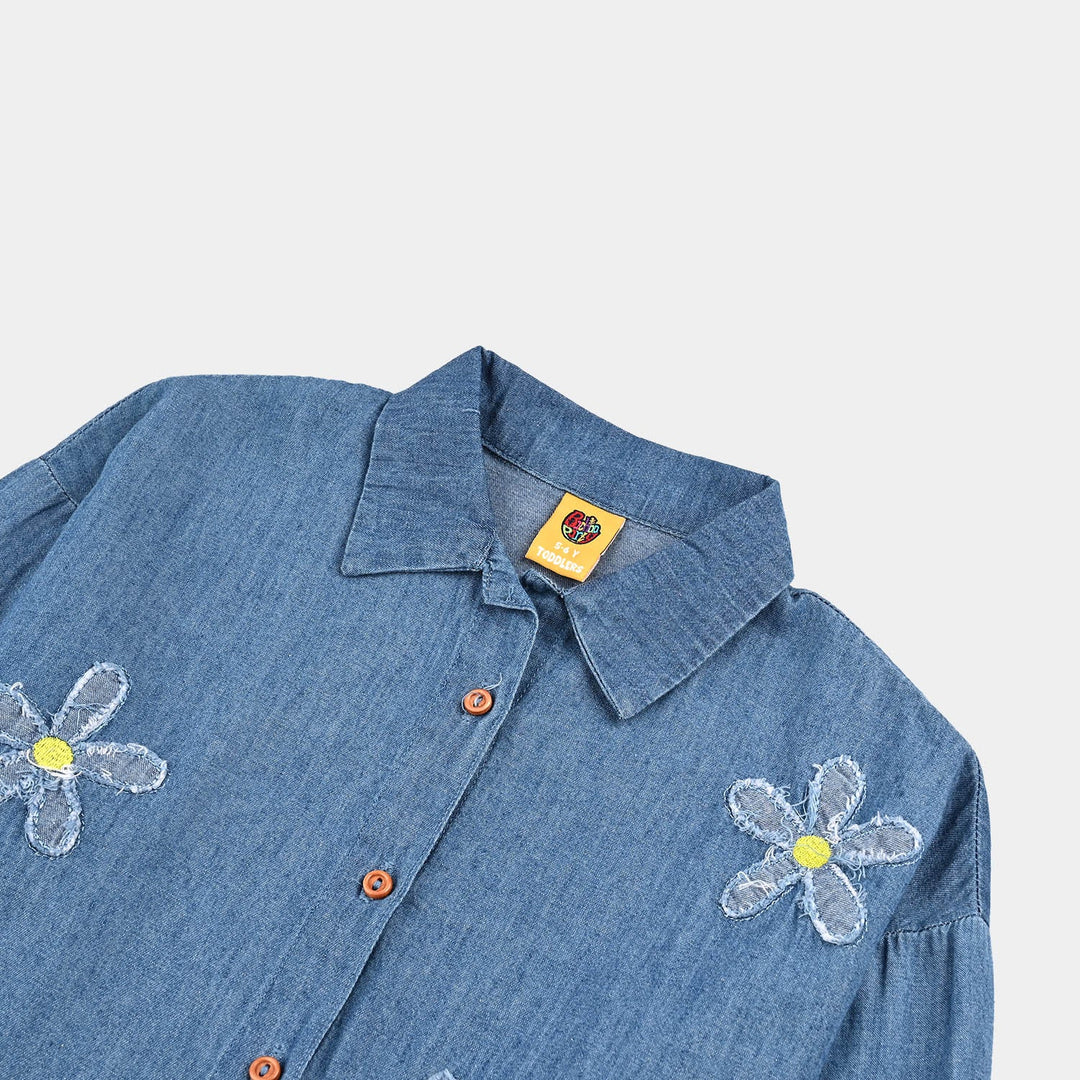 Girls Tensile Denim (Light Denim) Emb Top Flowers-Mid Blue