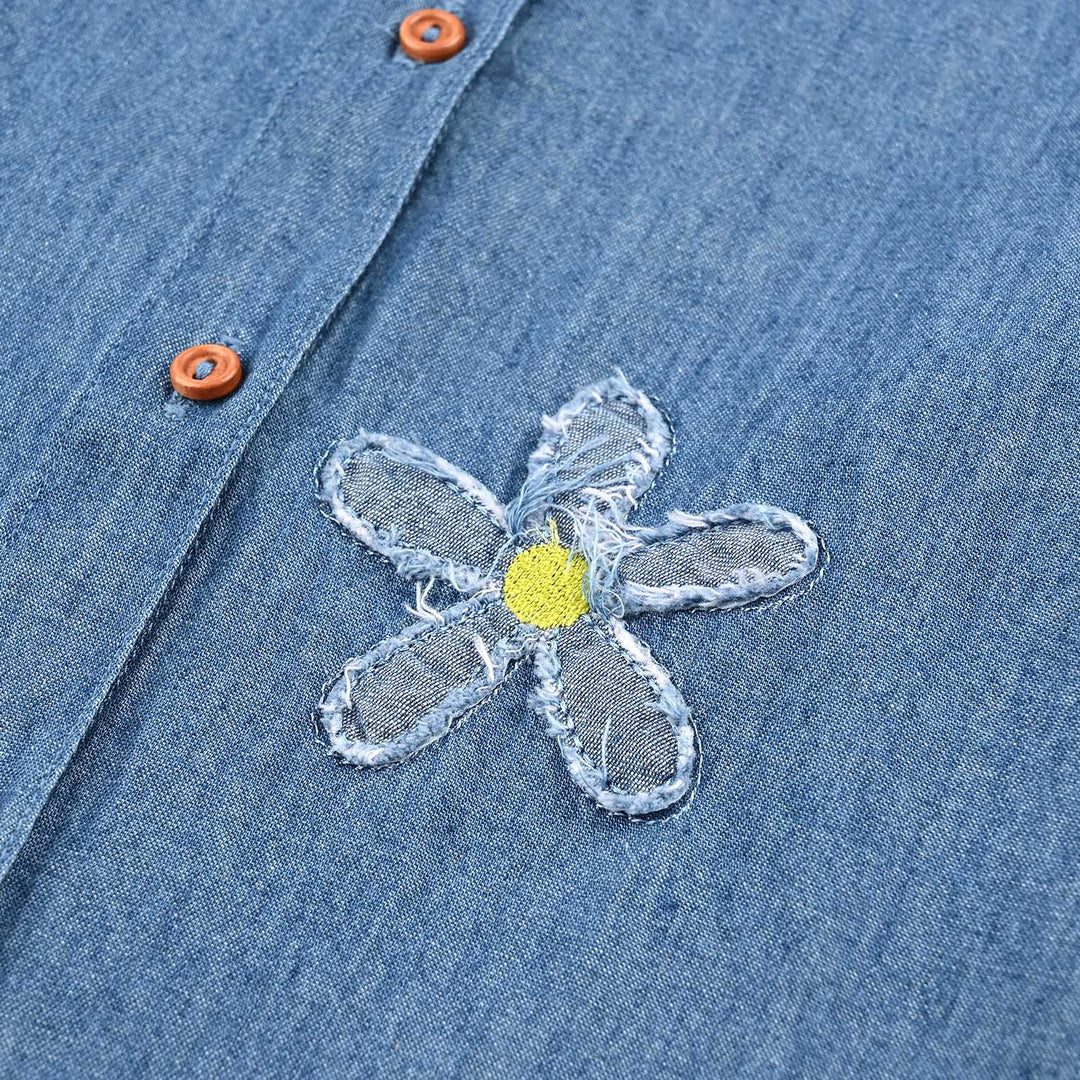 Girls Tensile Denim (Light Denim) Emb Top Flowers-Mid Blue