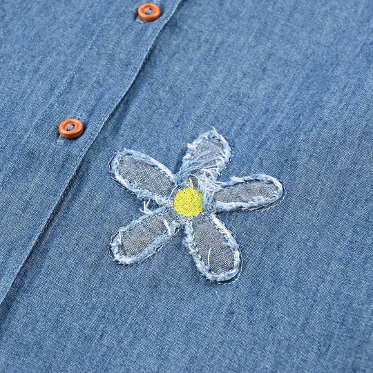 Girls Tensile Denim (Light Denim) Emb Top Flowers-Mid Blue