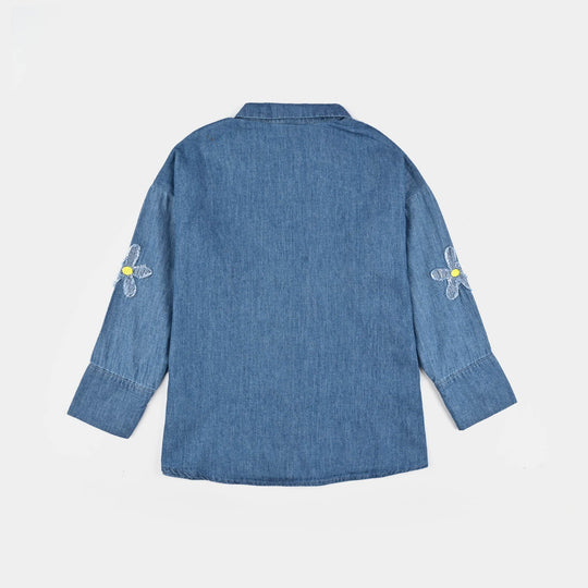 Girls Tensile Denim (Light Denim) Emb Top Flowers-Mid Blue