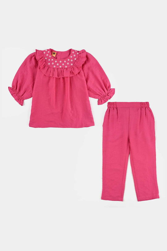 Girls Poly Mesh Emb Co-Ord Set Celia - Pink