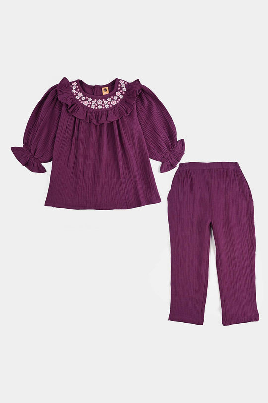 Girls Poly Crinkle Emb Co-Ord Set Plum - Purple