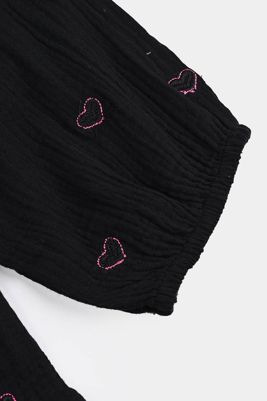 Girls Poly Crinkle Emb Top Pink Hearts - BLACK