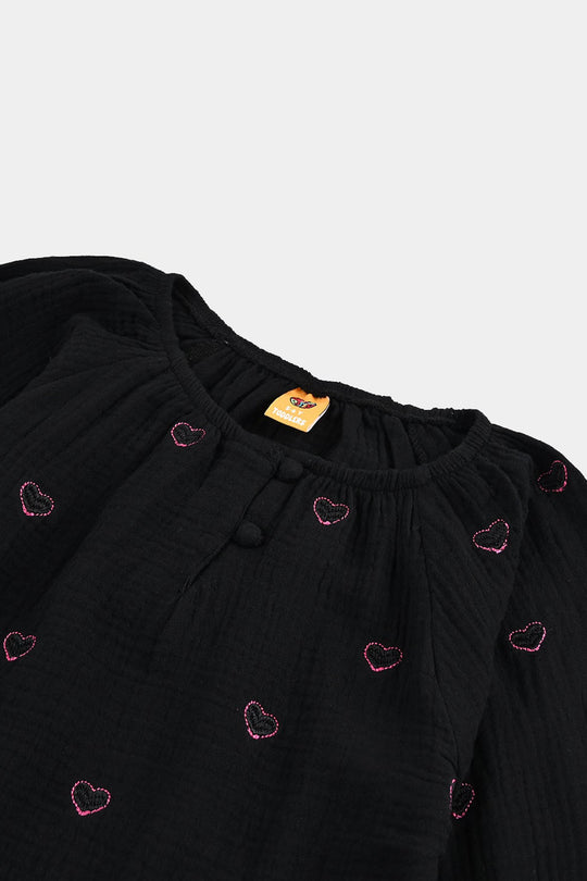 Gilrs Emb Top Pink Hearts - BLACK Poly Crinkle