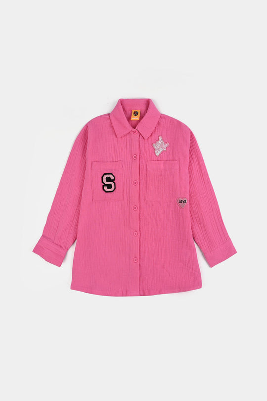 Girls Poly Crinkle Emb Top Pocket Style-PINK