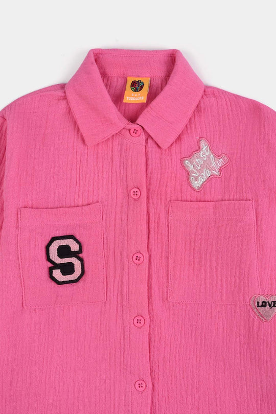 Girls Poly Crinkle Emb Top Pocket Style-PINK