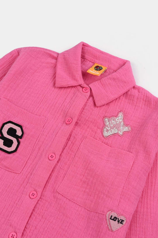 Girls Poly Crinkle Emb Top Pocket Style-PINK