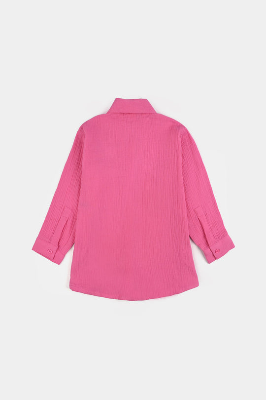 Girls Poly Crinkle Emb Top Pocket Style-PINK