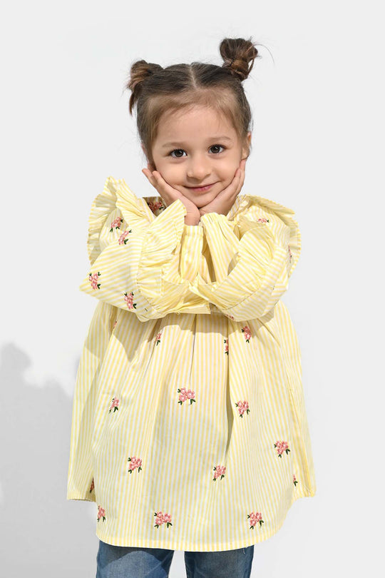 Girls Cotton Emb Top Pink Poppy-Yellow