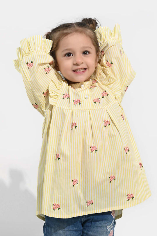 Girls Cotton Emb Top Pink Poppy-Yellow