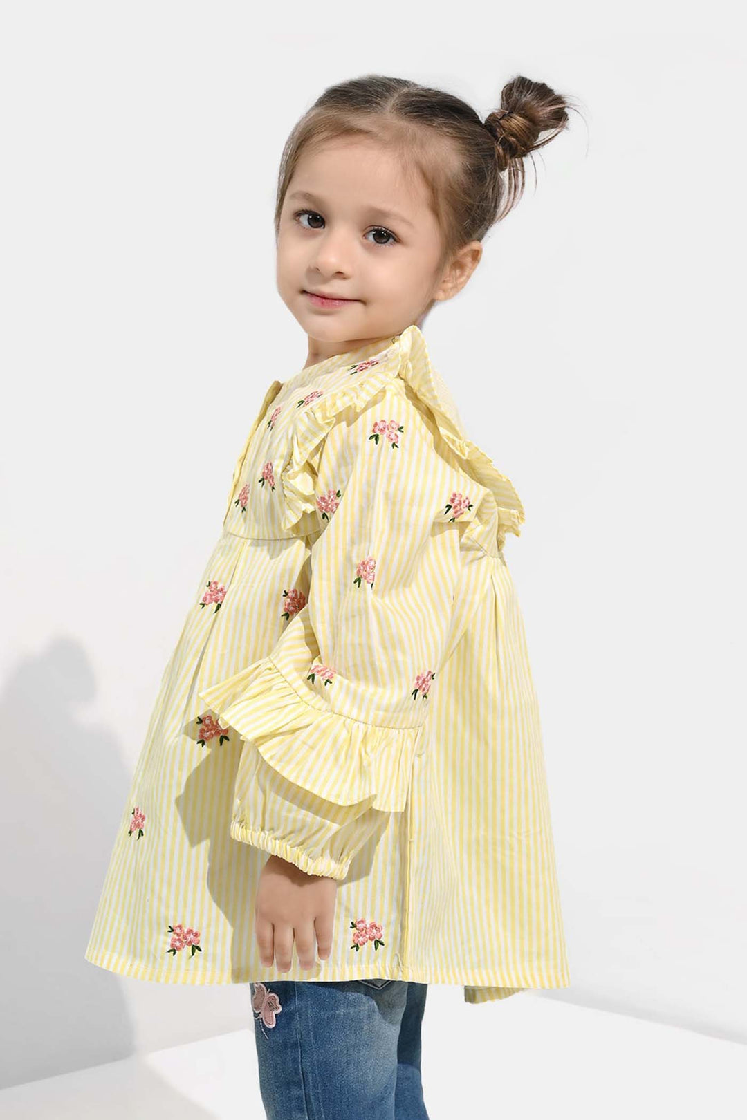 Girls Cotton Emb Top Pink Poppy-Yellow