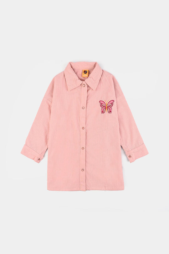 Girls Poly Crinkle Emb Top Butterfly-Pink