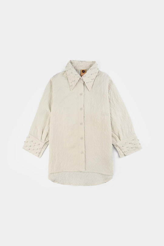 Girls Poly Crinkle Emb Top Purple Flower-White