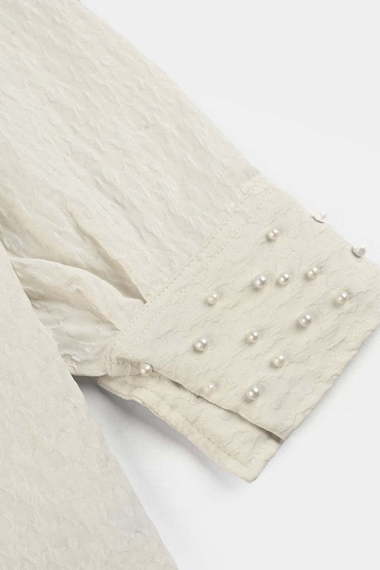 Girls Poly Crinkle Emb Top Purple Flower-White