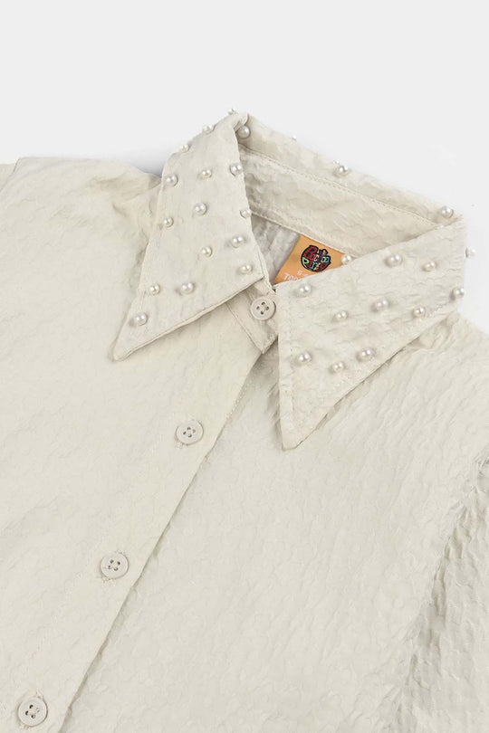 Girls Poly Crinkle Emb Top Purple Flower-White