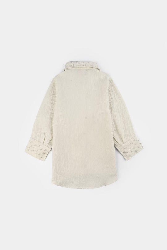 Girls Poly Crinkle Emb Top Purple Flower-White