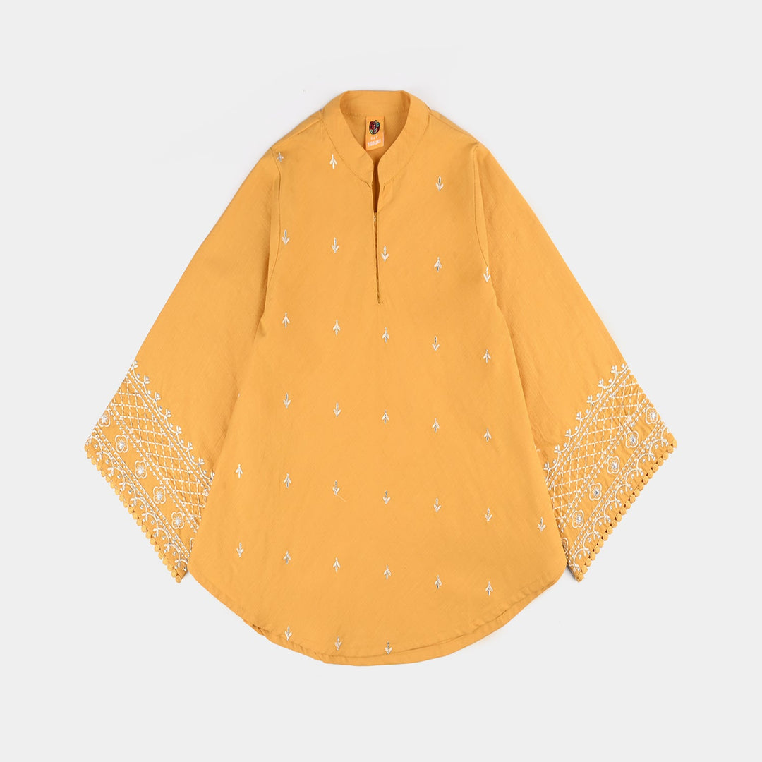 Girls Cotton Slub Emb Top Flowy-Mustard