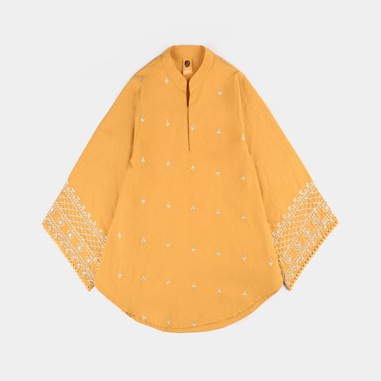 Girls Cotton Slub Emb Top Flowy-Mustard