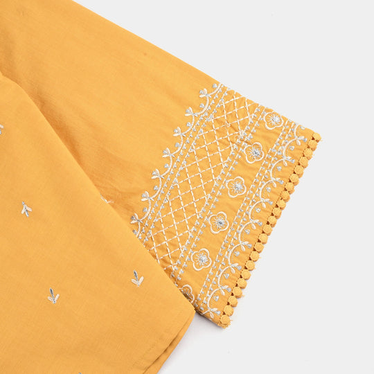 Girls Cotton Slub Emb Top Flowy-Mustard