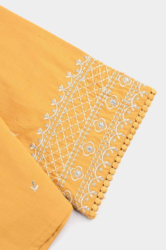 Girls Cotton Slub Emb Top Flowy-Mustard