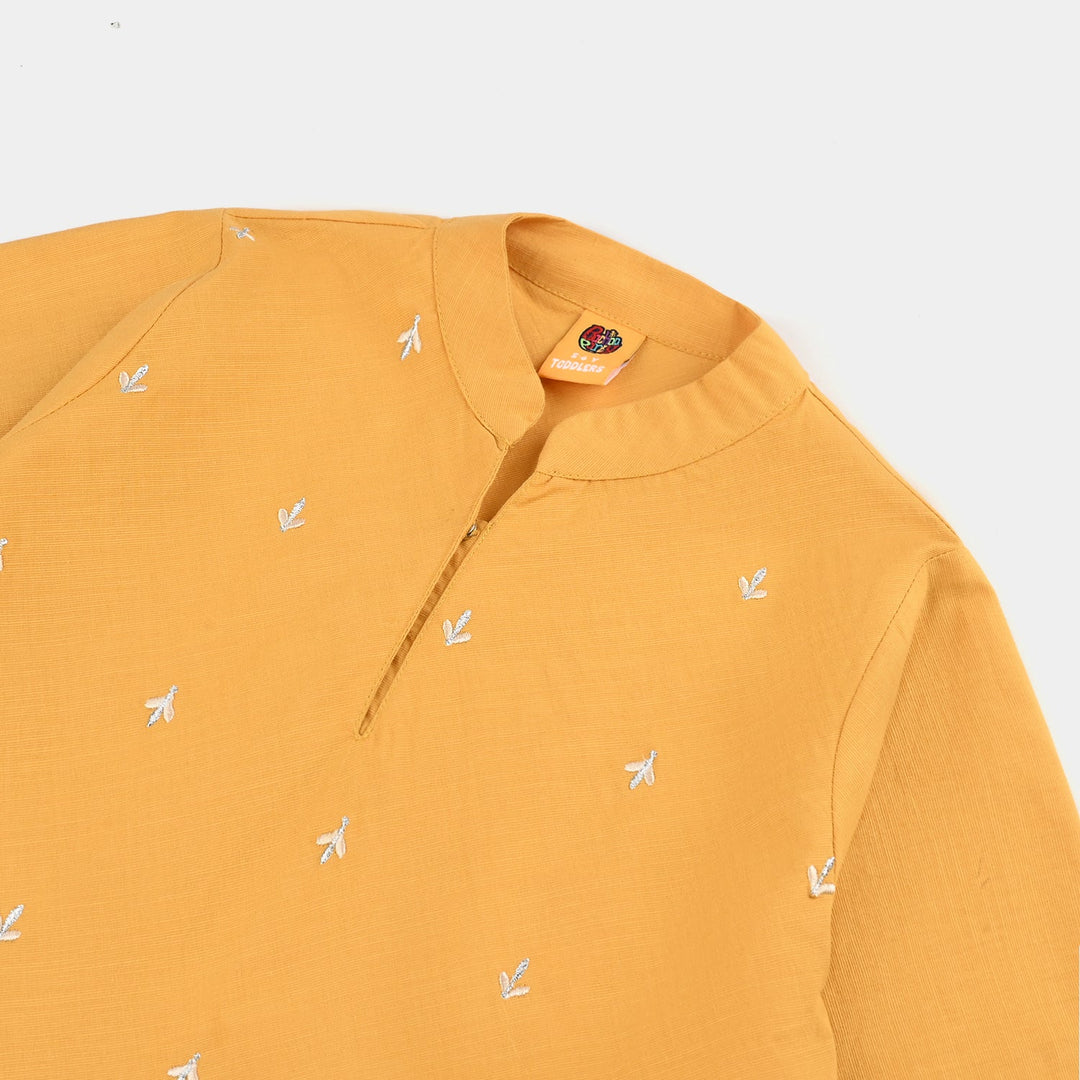 Girls Cotton Slub Emb Top Flowy-Mustard