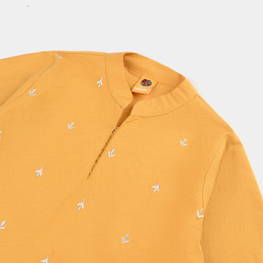 Girls Cotton Slub Emb Top Flowy-Mustard