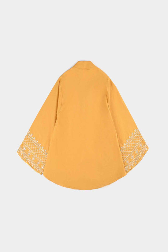 Girls Cotton Slub Emb Top Flowy-Mustard