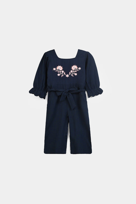 Girls Poly Crinkle Emb Jumpsuit Hazel-Navy Blue