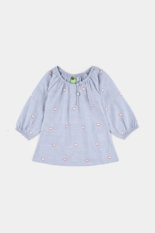 Infant Girls Cotton Emb Top Blue Scalloped-BLUE