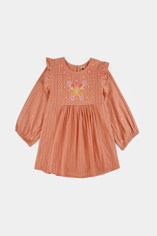 Girls Cotton Emb Top Rusty Ruffles-Rust