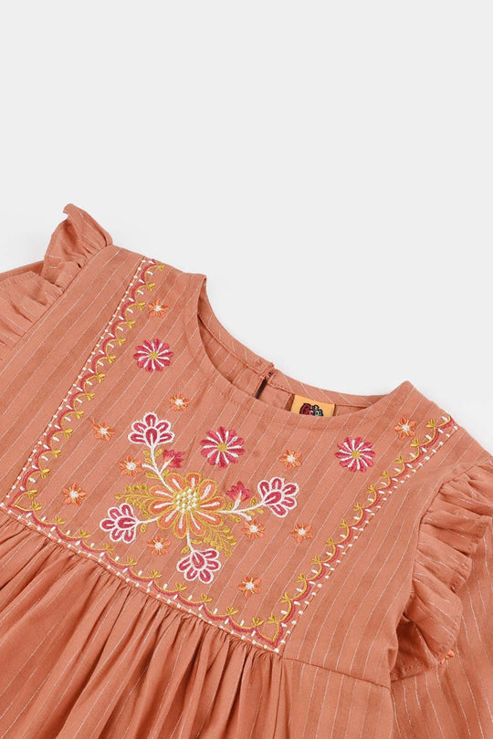 Girls Cotton Emb Top Rusty Ruffles-Rust