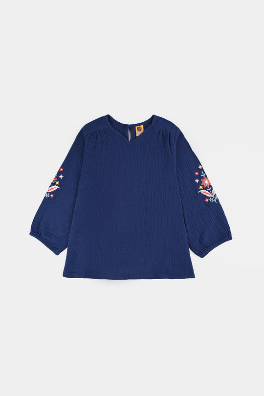 Girls Cotton EMB Top Bouquet-Navy Blue