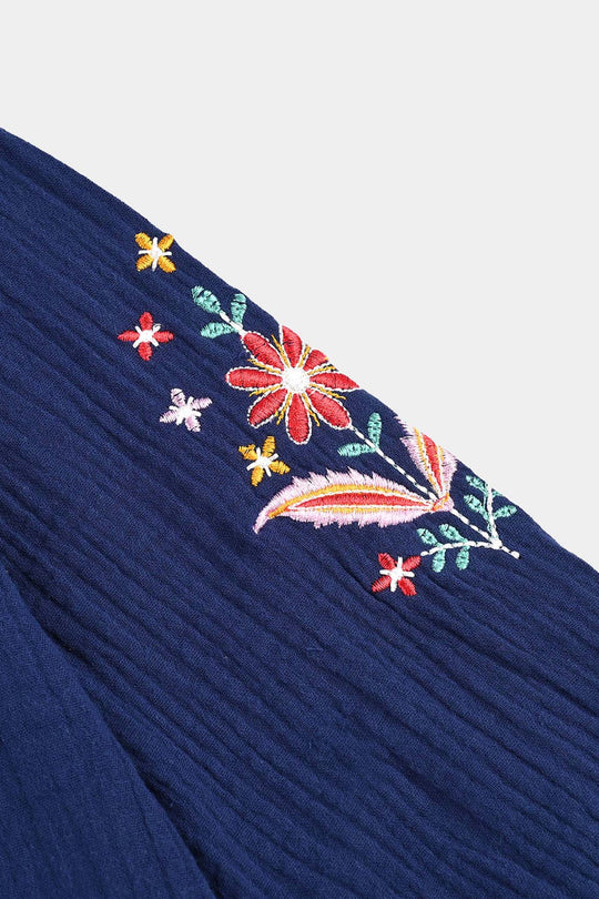 Girls Cotton EMB Top Bouquet-Navy Blue