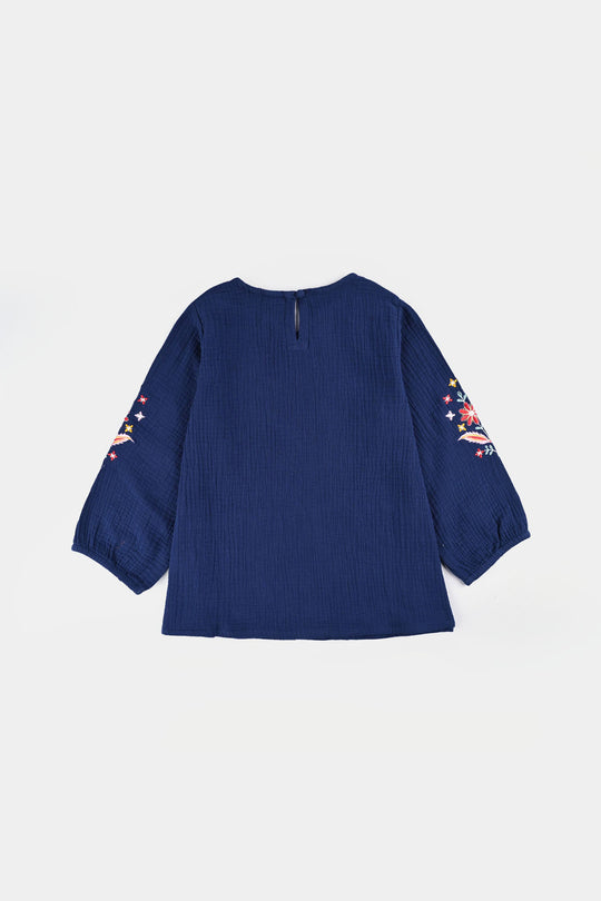 Girls Cotton EMB Top Bouquet-Navy Blue