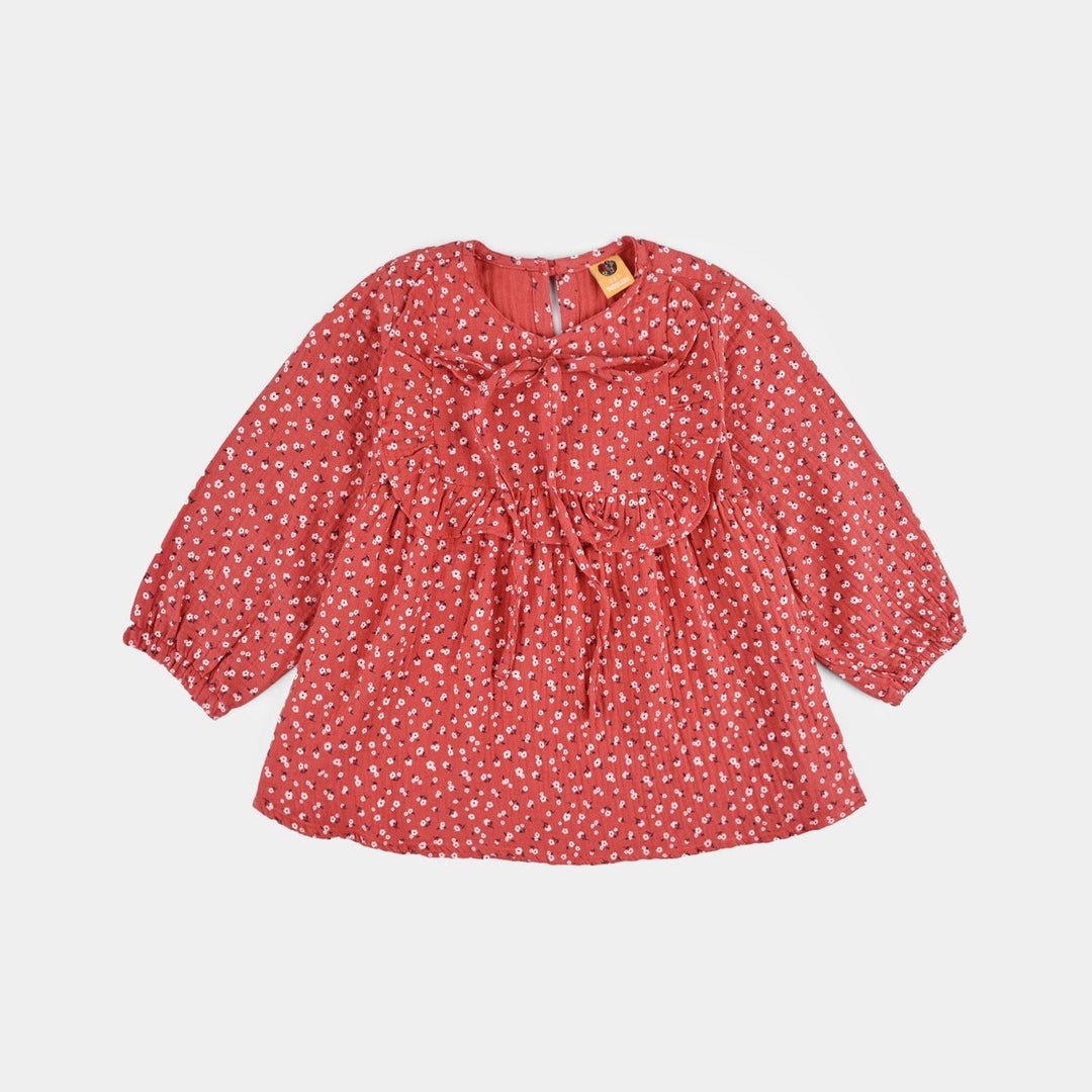 Girls Cotton Casual Frock White Flowers - RED