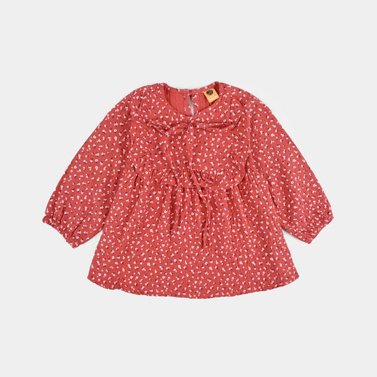 Girls Cotton Casual Frock White Flowers - RED