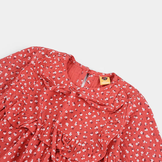 Girls Cotton Casual Frock White Flowers - RED
