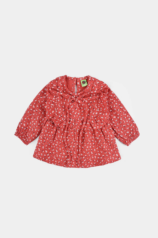 Infant Girls Cotton Casual Frock White Flowers - RED