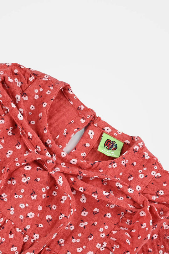 Infant Girls Cotton Casual Frock White Flowers - RED