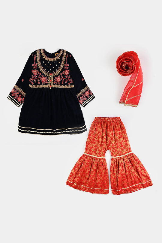 Girls Velvet 3Pcs Noor-Navy Blue