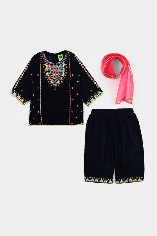 Infant Girls Velvet 3Pcs Neelam-Navy Blue