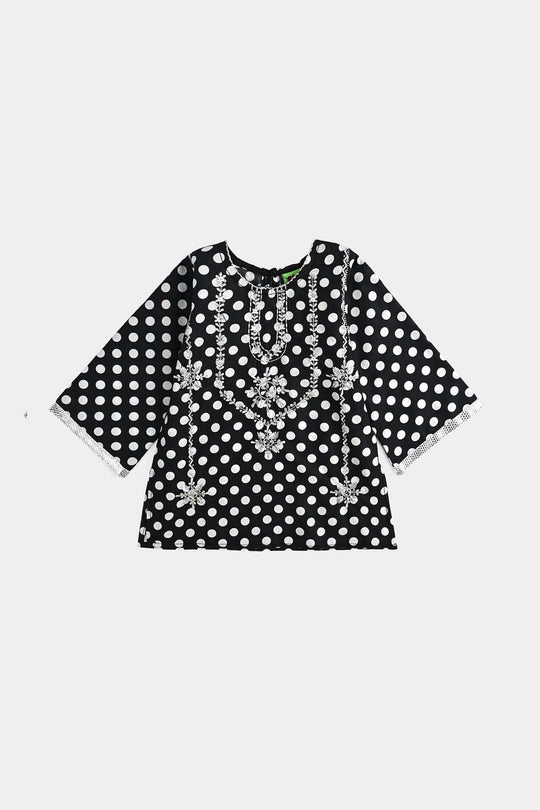 Infant Girls Cotton Poplin Printed & Emb 2 Pcs Polka Dote - BLACK