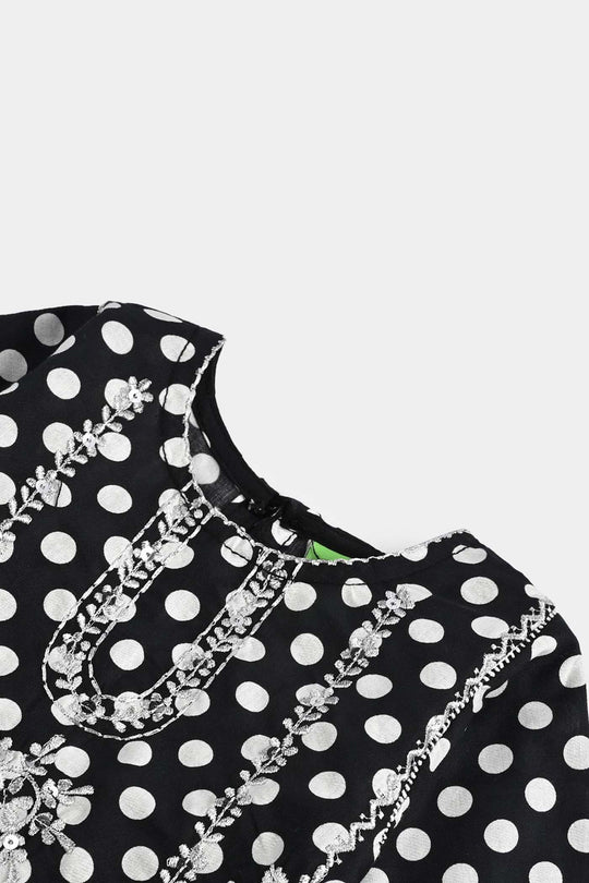 Infant Girls Cotton Poplin Printed & Emb 2 Pcs Polka Dote - BLACK