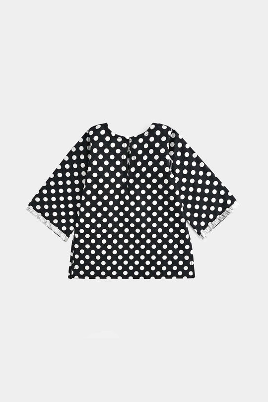Infant Girls Cotton Poplin Printed & Emb 2 Pcs Polka Dote - BLACK