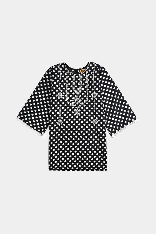 Girls Cotton Poplin Printed & Emb 2 Pcs Polka Dote - BLACK